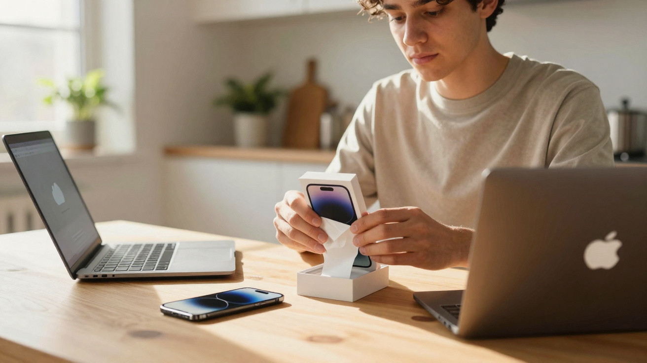 Homem a desembrulhar telemóvel novo numa mesa com dois computadores portáteis e outro telemóvel.