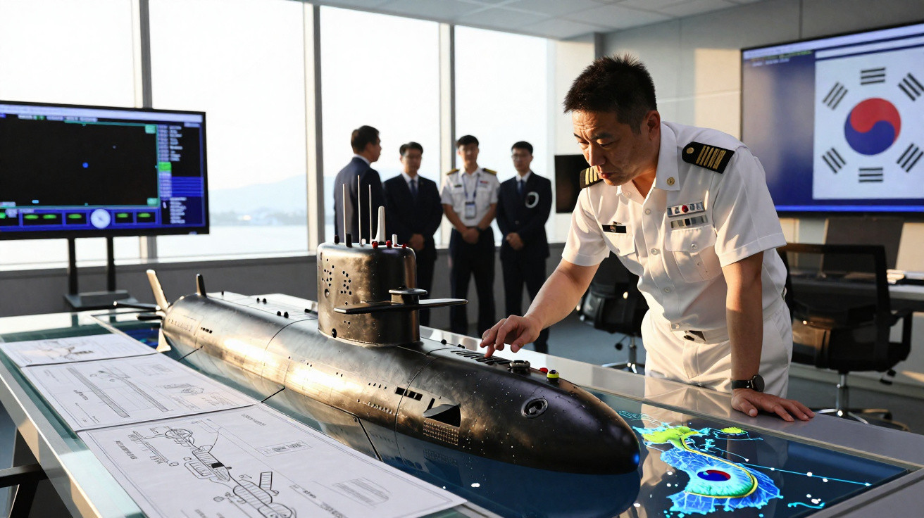 Oficial naval a analisar modelo de submarino numa sala de controlo com bandeira da Coreia do Sul ao fundo.