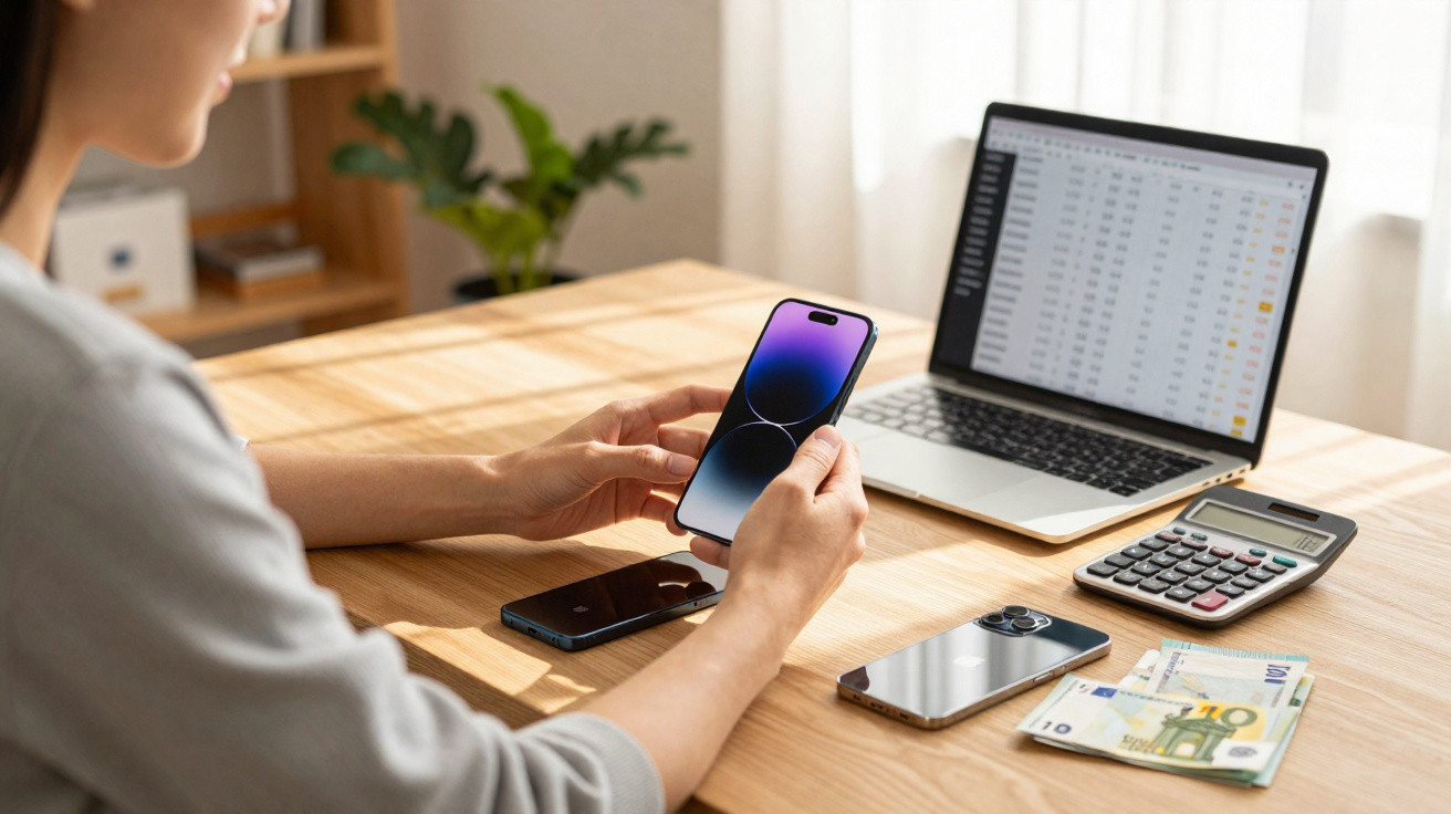 Pessoa a segurar smartphone num ambiente de escritório, com computador portátil, calculadora e euros em cima da mesa.