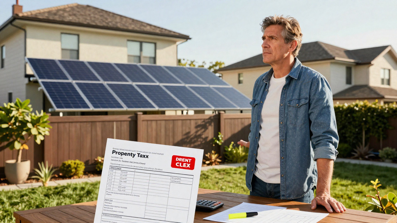 Homem preocupado junto a mesa no exterior com documentos e painéis solares em fundo residencial.
