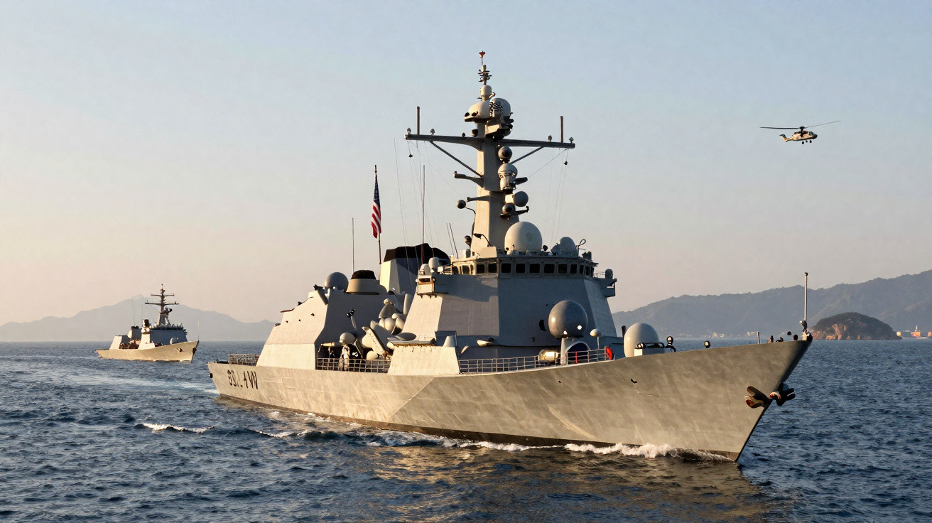 Navios militares a navegar no mar com helicóptero a sobrevoar e montanhas ao fundo ao pôr do sol.