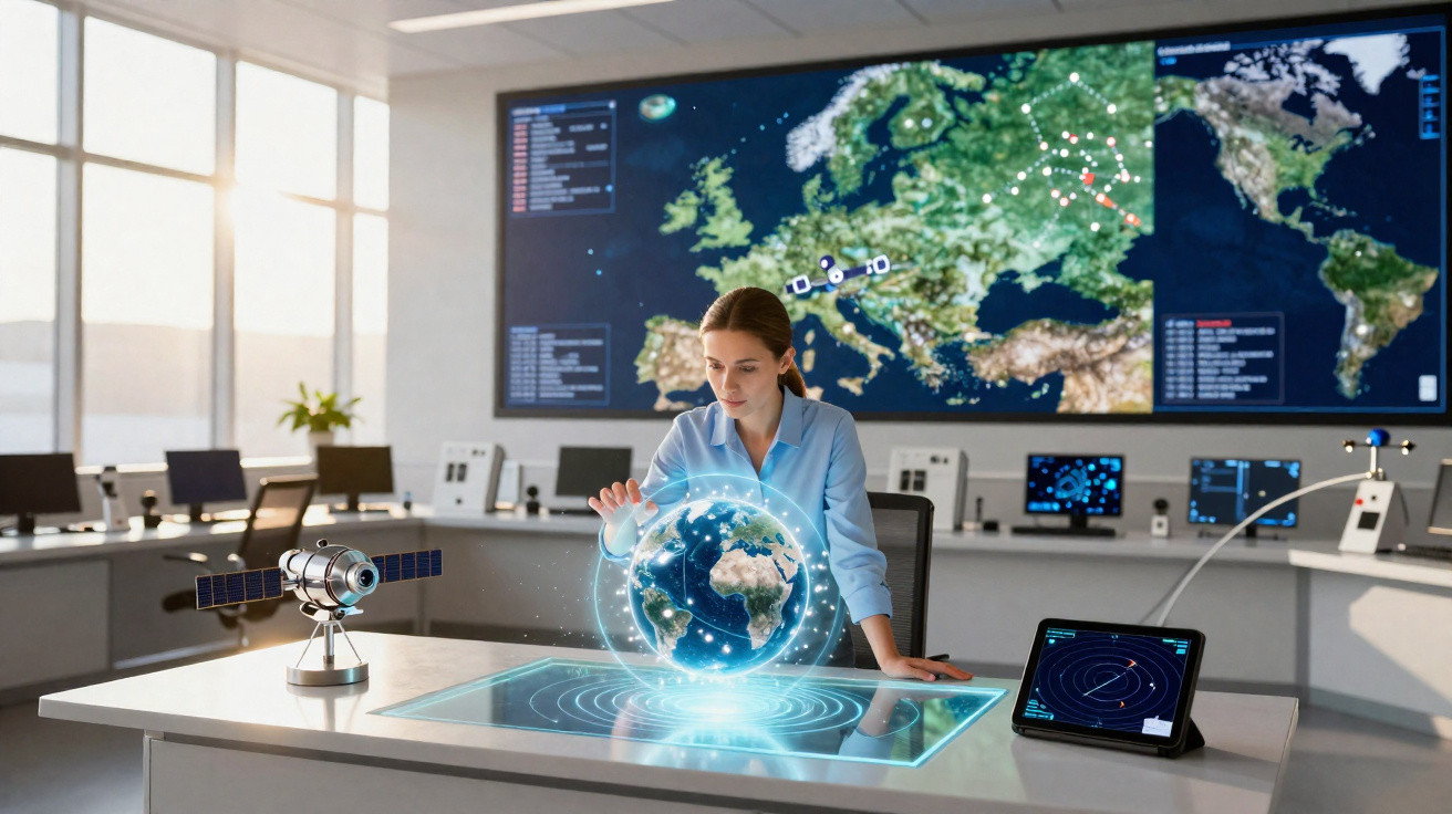 Mulher a operar holograma do planeta Terra num centro de controlo com mapas e tecnologia avançada.