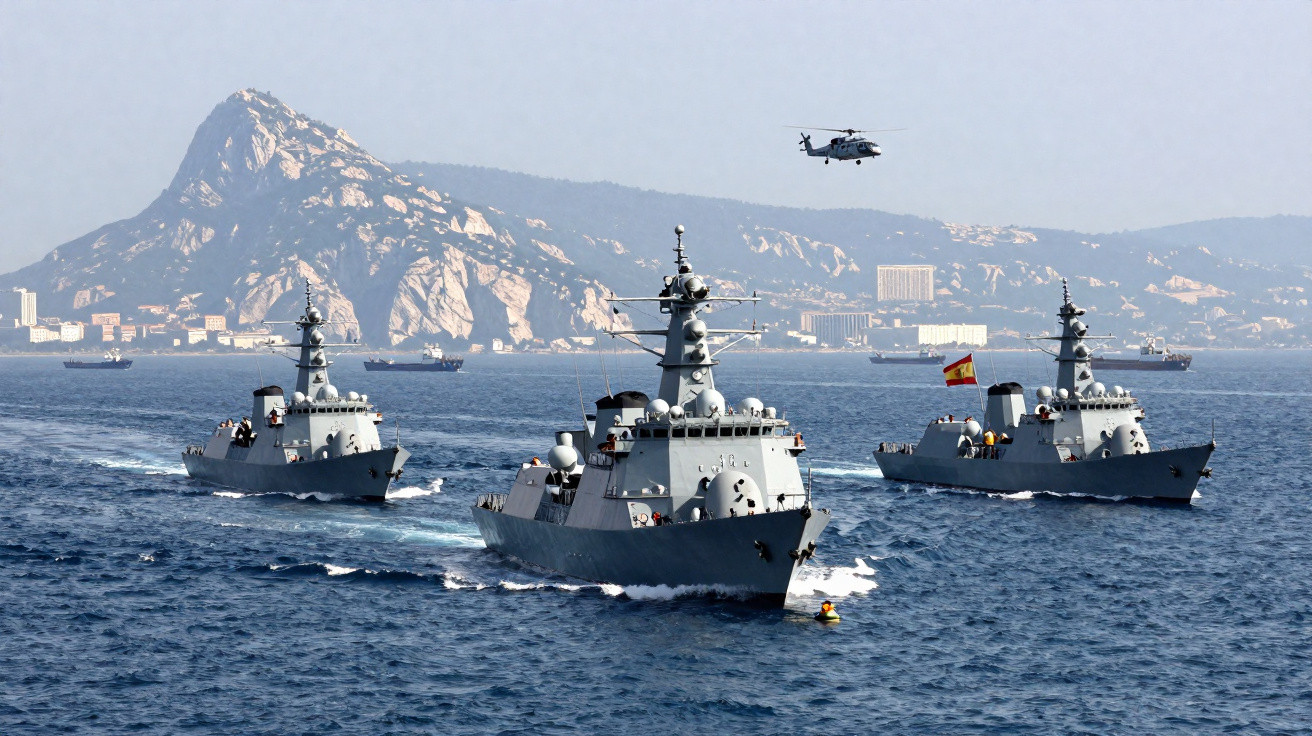 Três navios militares espanhóis a navegar em formação no mar com helicóptero a sobrevoar e montanha ao fundo.