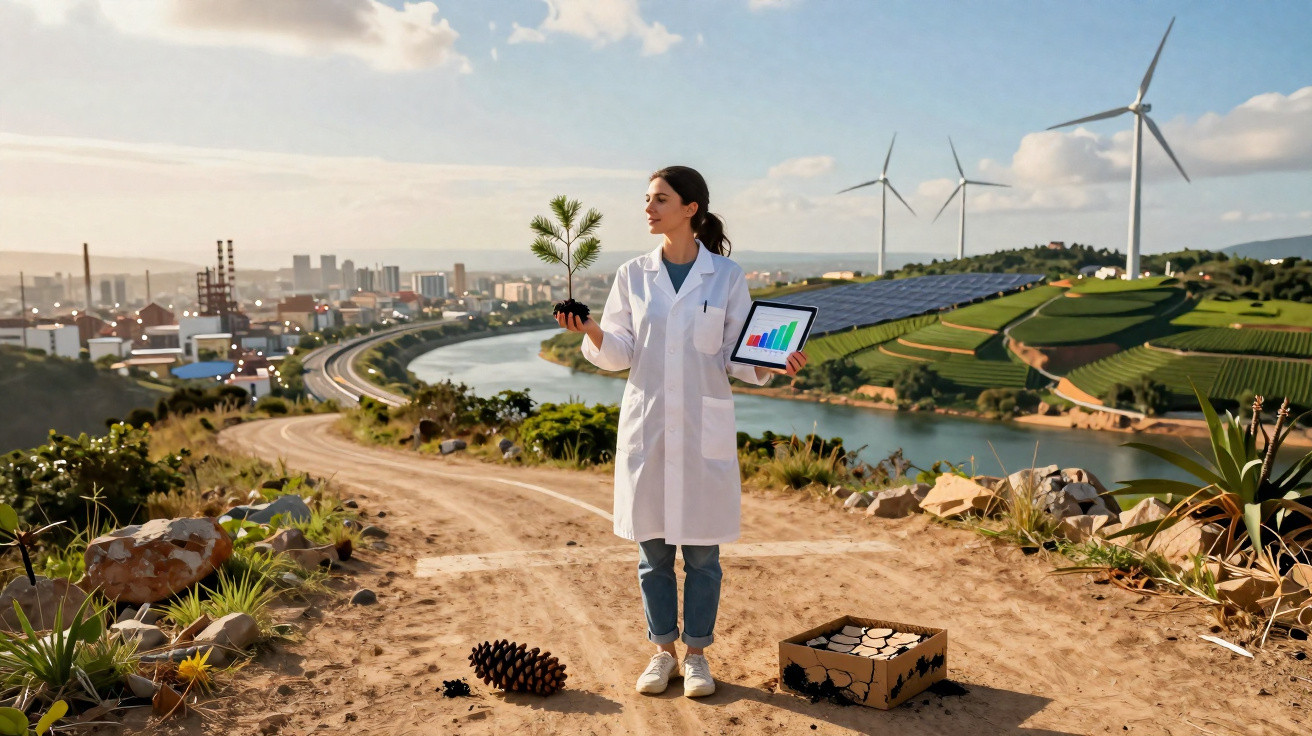 Mulher com bata branca segura muda de planta e tablet, com turbinas eólicas e painéis solares ao fundo.