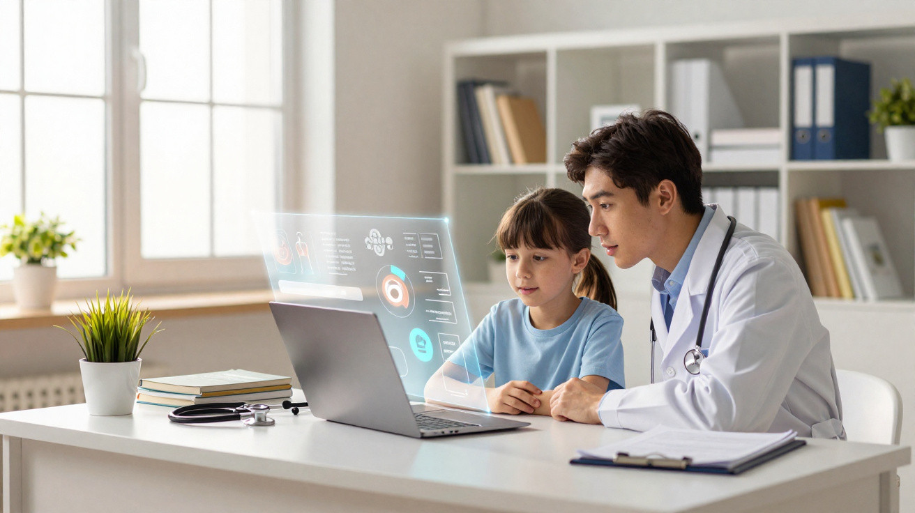 Médico com bata branca e menina sentados à mesa, analisando dados projetados em holograma sobre o computador portátil.