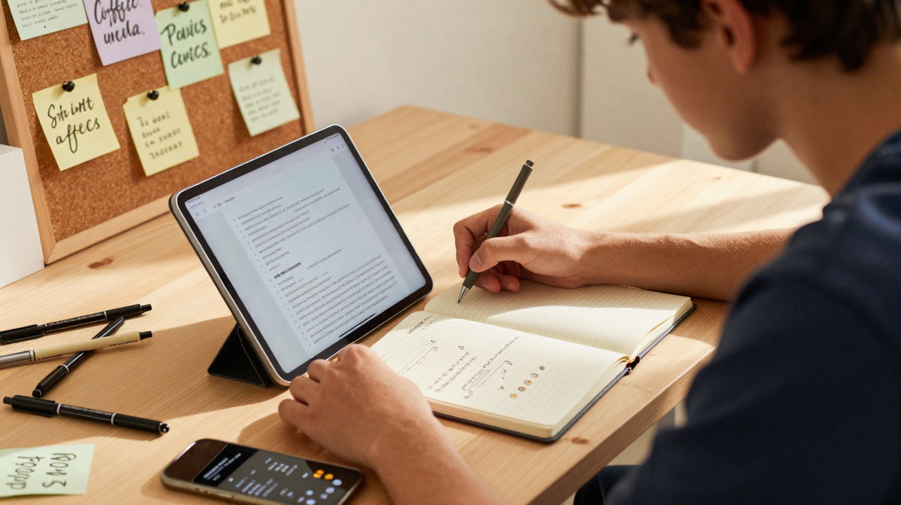 Pessoa a estudar com tablet, caderno e telemóvel numa secretária com notas coladas num quadro de cortiça.