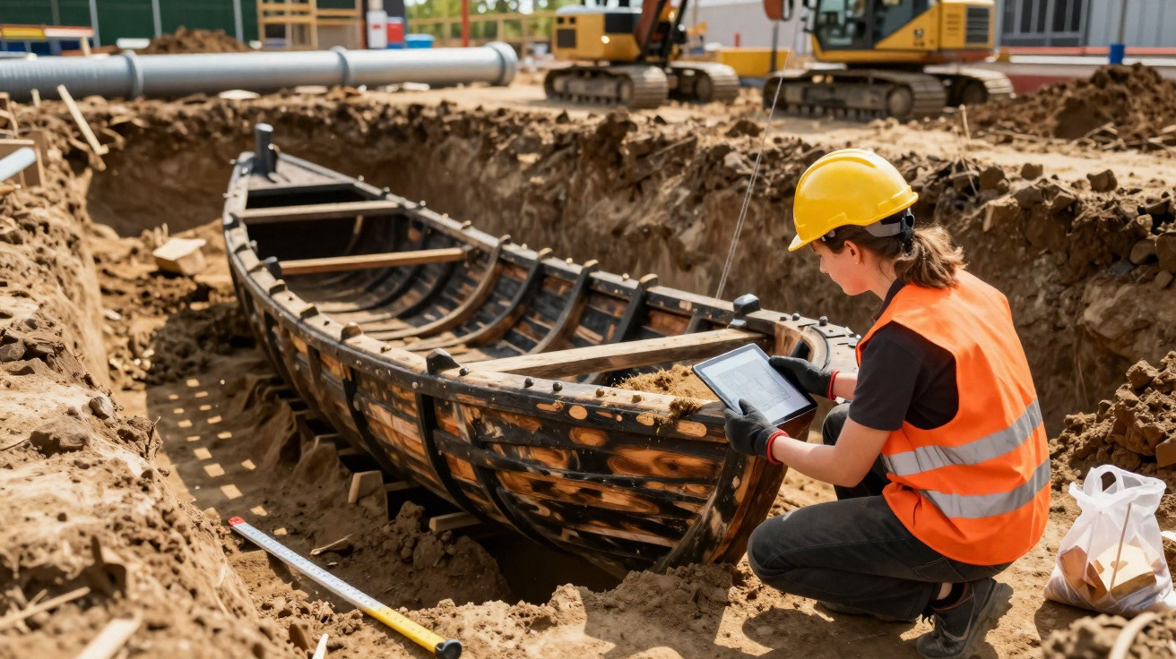 Arqueóloga com colete e capacete analisa barco antigo escavado numa zona de construção.