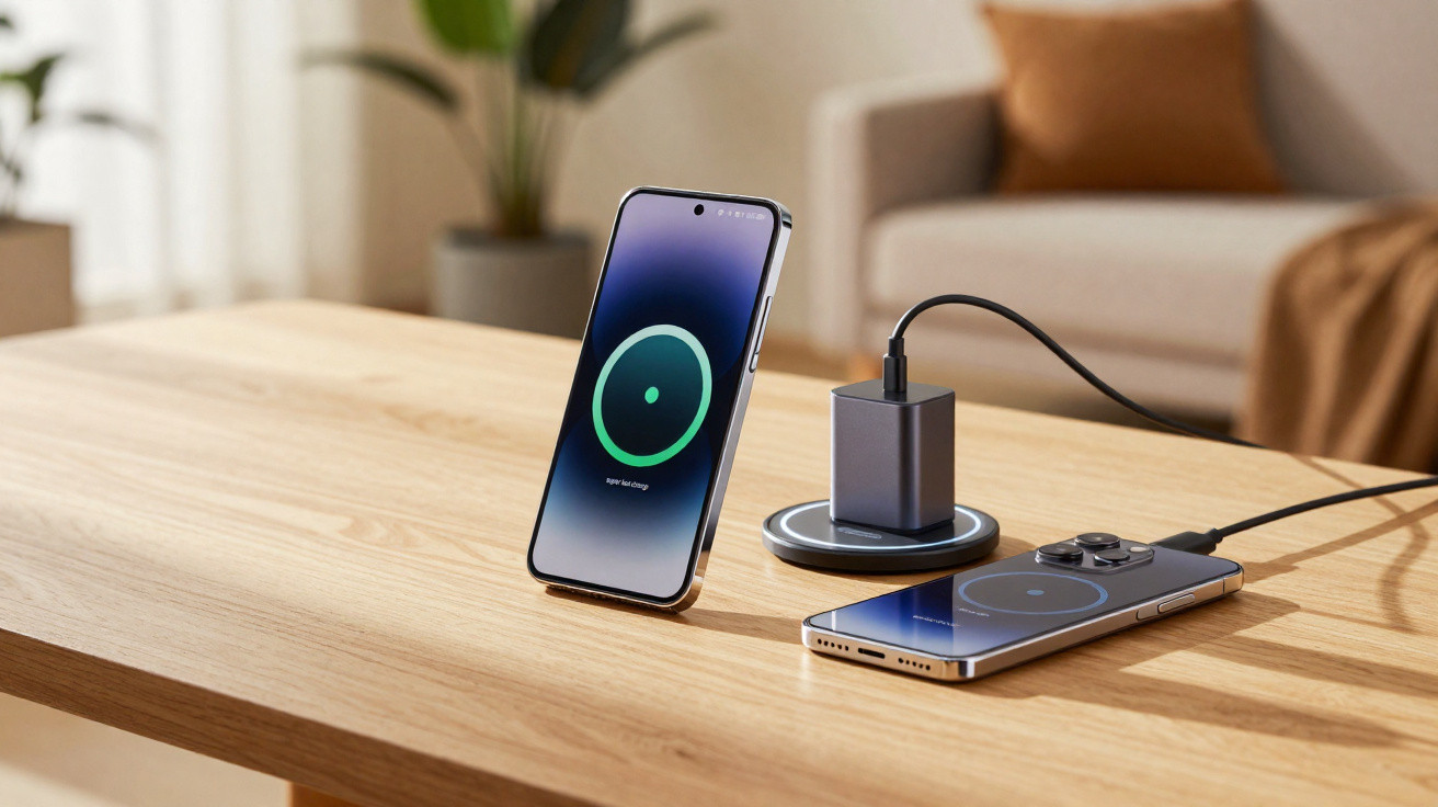 Dois telemóveis a carregar sem fios sobre uma mesa de madeira numa sala iluminada.