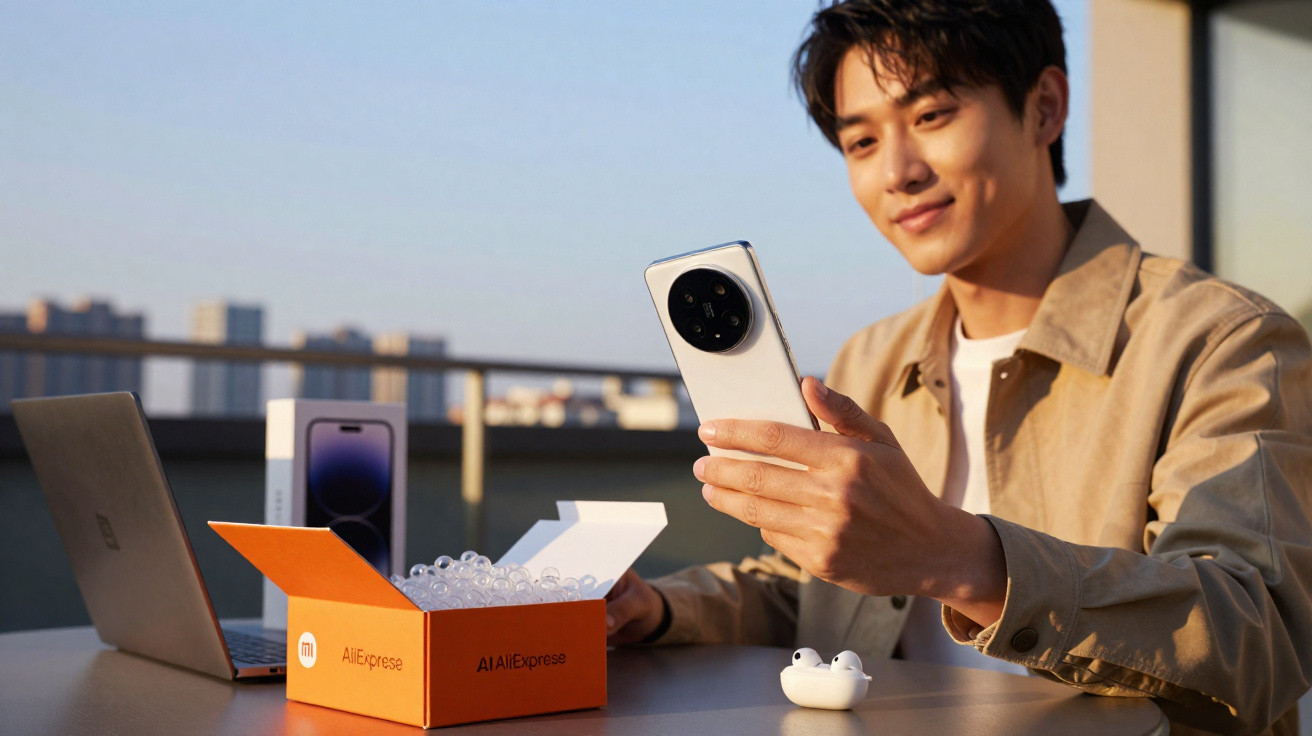 Homem sorridente segurando smartphone branco com caixa e auriculares na mesa ao ar livre.