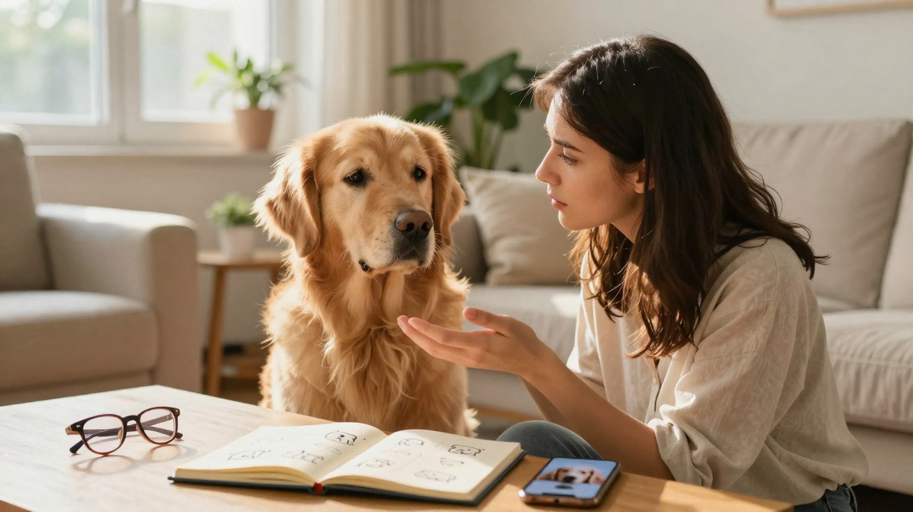 Mulher a falar com cão golden retriever sentado em sala com mesa, livros e telemóvel.