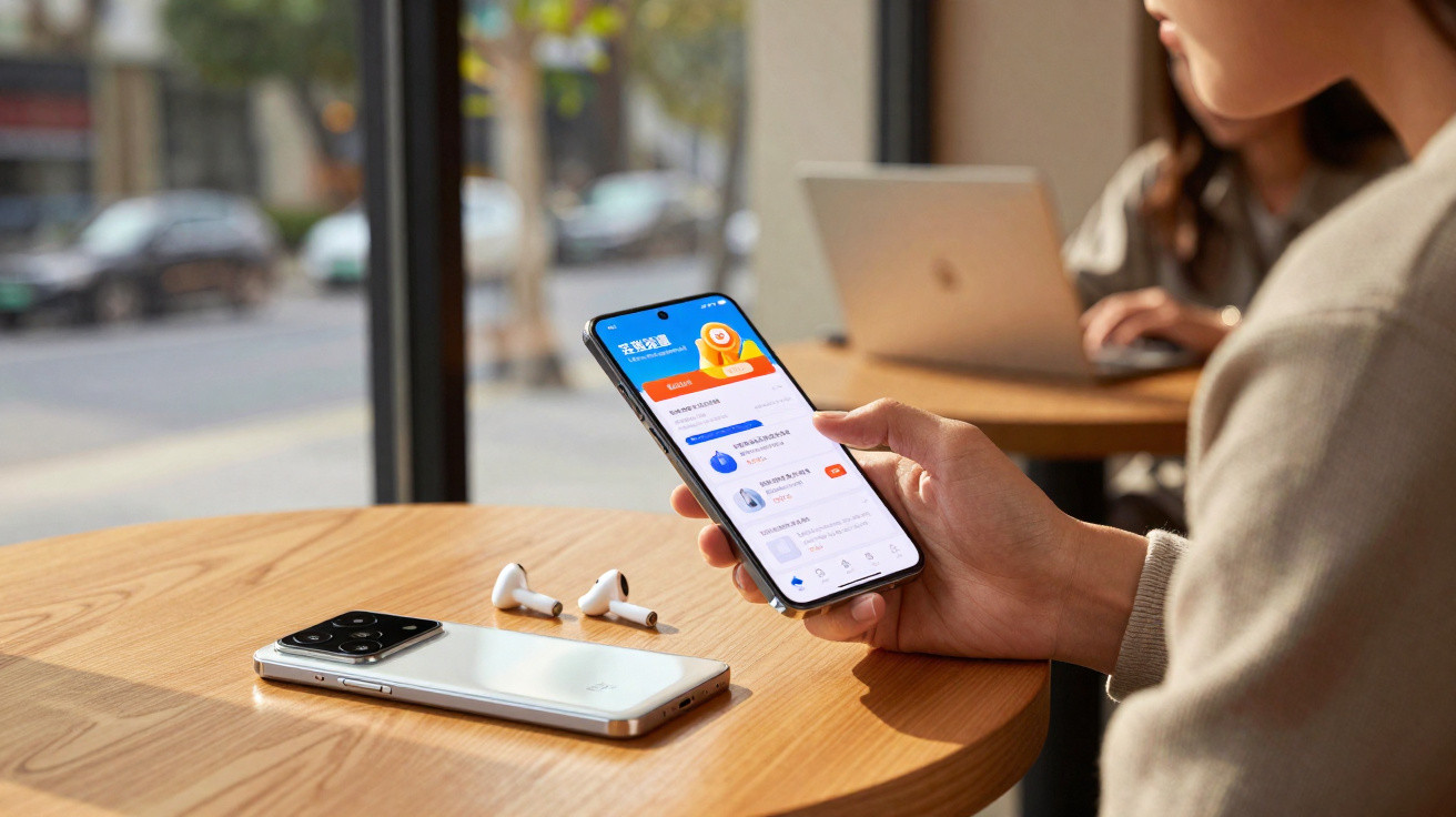 Pessoa a usar smartphone com dados em ecrã, fones sem fios e outro telemóvel sobre mesa de madeira numa cafetaria.