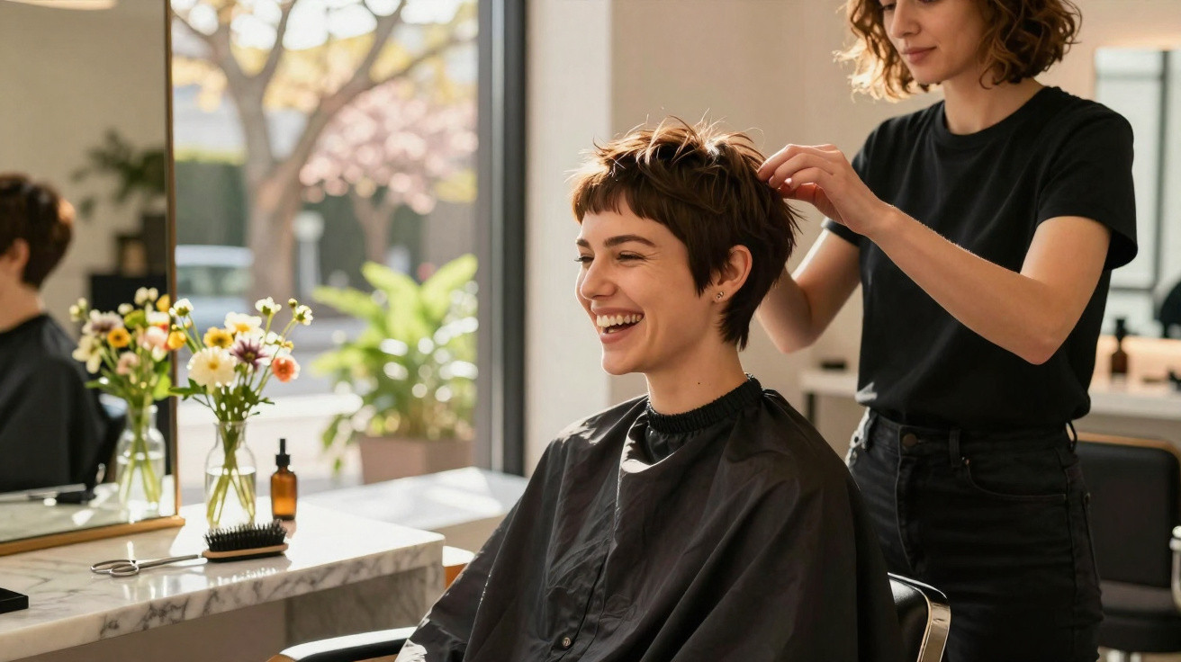 Mulher sorridente a receber corte de cabelo curto num salão com decoração natural e luminosa.
