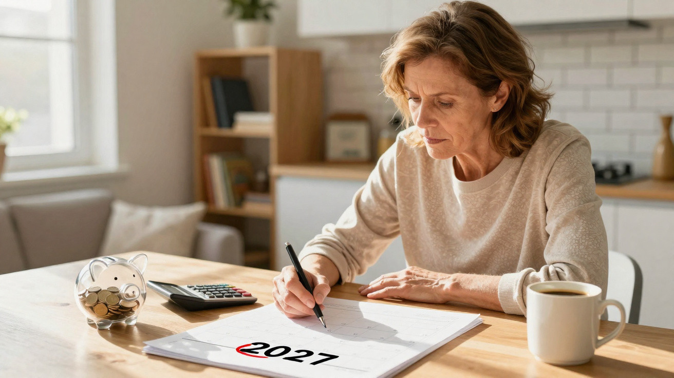 Mulher a planear finanças para 2027, com cofrinho, calculadora e café numa cozinha iluminada.