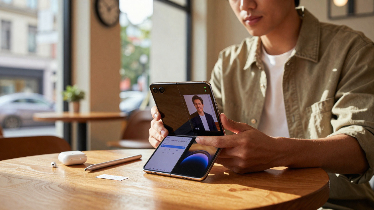 Pessoa a fazer videochamada num smartphone dobrável numa mesa de café com acessórios tecnológicos.