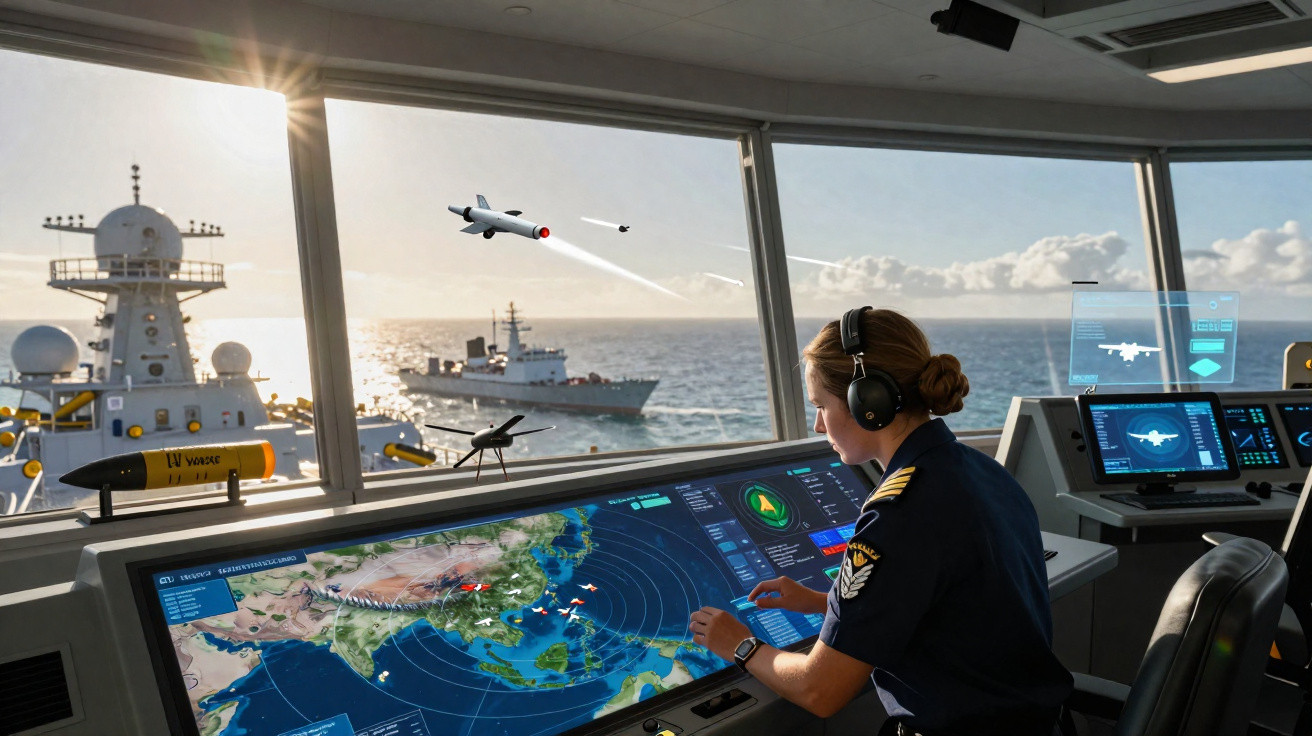 Mulher militar a operar radar num navio de guerra com mísseis a serem lançados no mar.