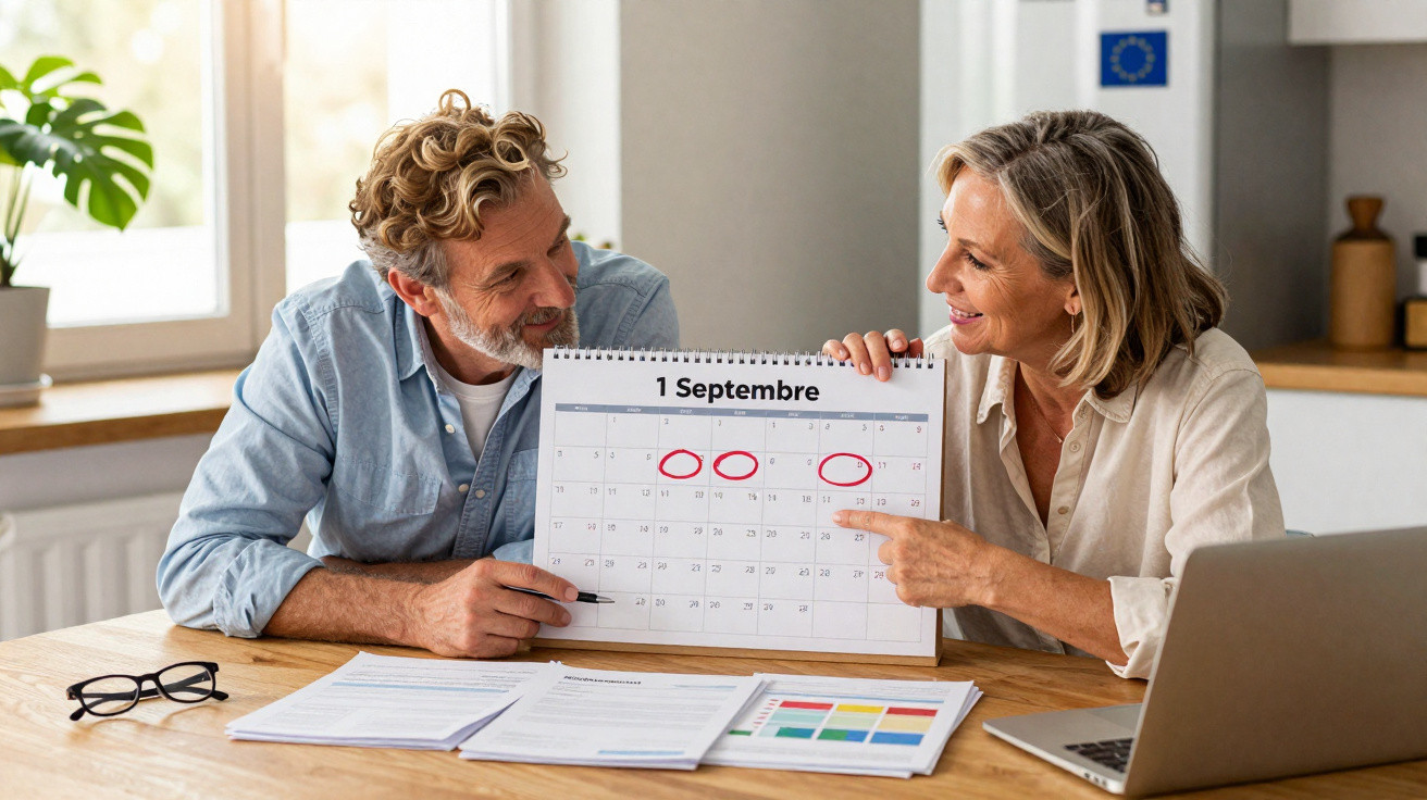Casal sénior a sorrir enquanto apontam para datas assinaladas num calendário de setembro numa cozinha.