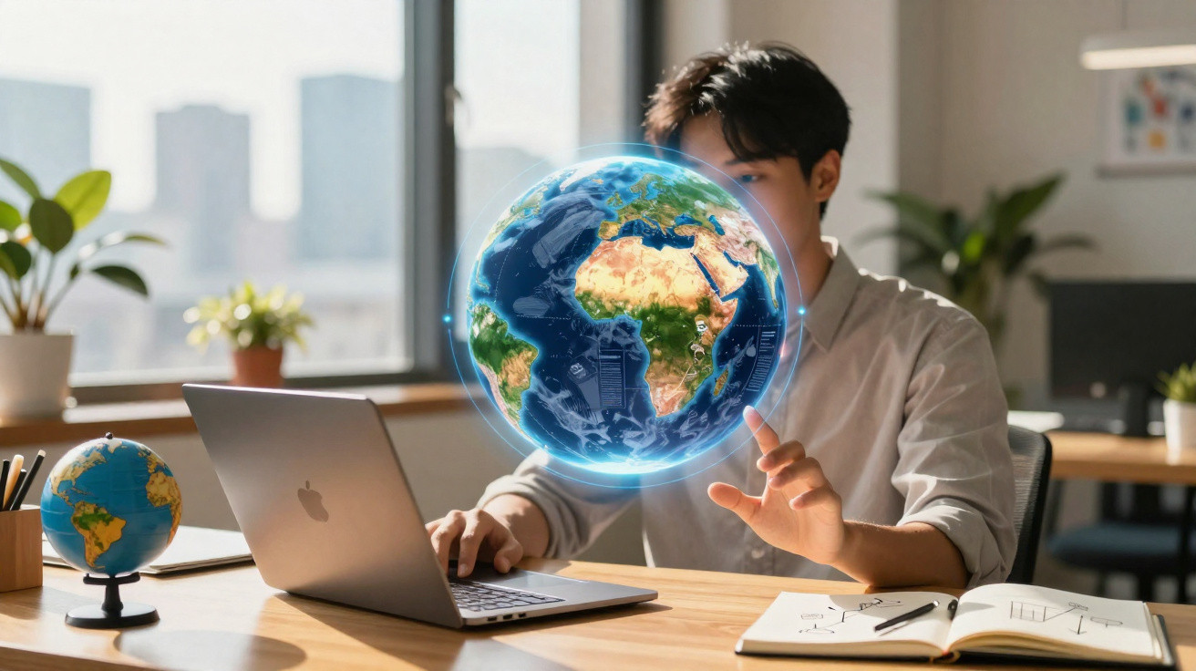Homem sentado à secretária interage com globo digital holográfico em ambiente de escritório moderno.