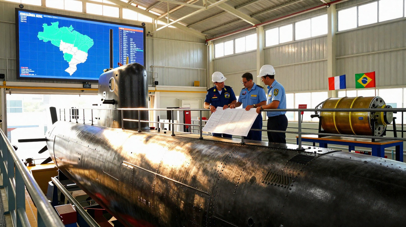 Três homens de capacete analisam esquemas sobre um submarino num hangar com bandeiras do Brasil e França ao fundo.