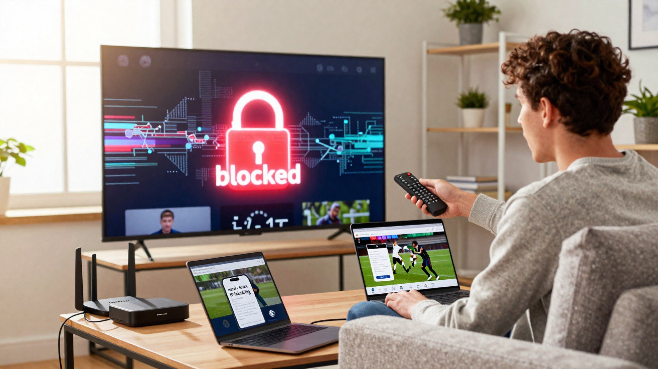 Jovem sentado no sofá usando comando TV, ecrã mostra símbolo de bloqueio, com dois portáteis na mesa à frente.