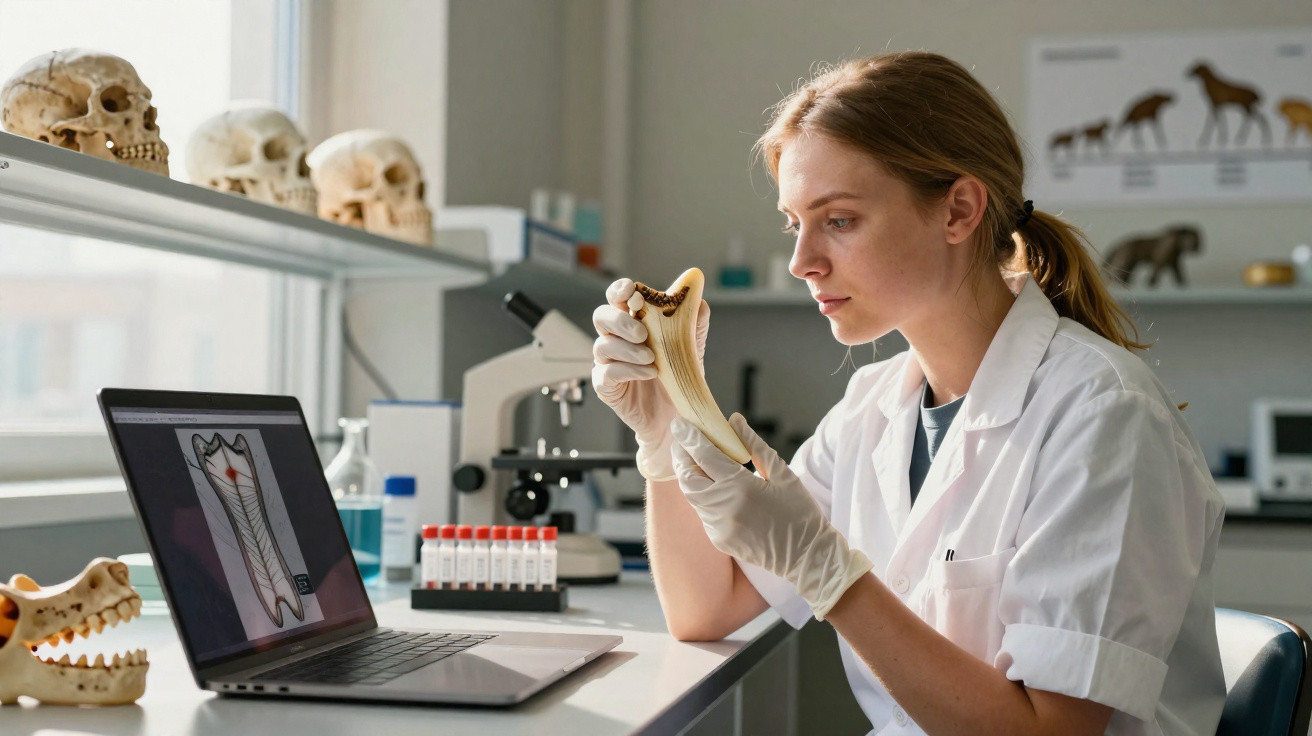 Mulher cientista em laboratório analisa modelo de dente com laptop e crânios na mesa ao lado.