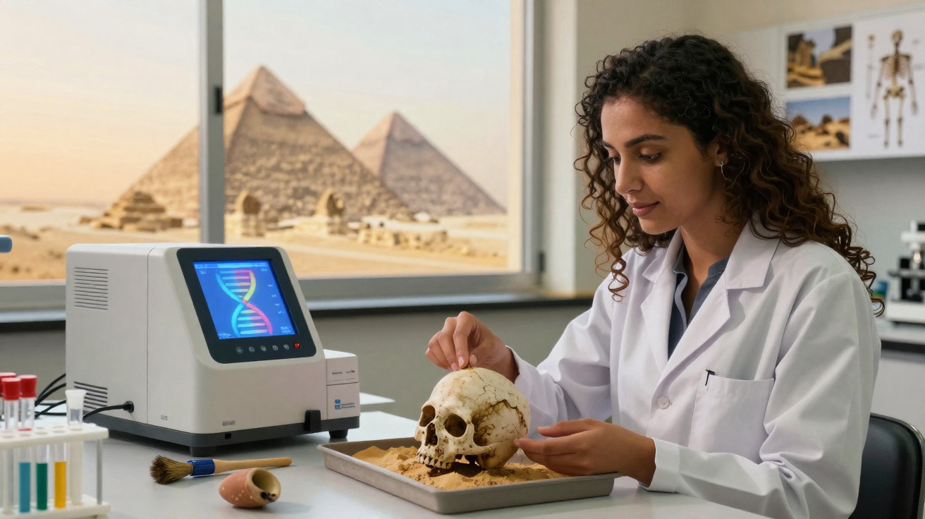 Cientista em laboratório analisa crânio humano com pirâmides do Egito ao fundo pela janela.