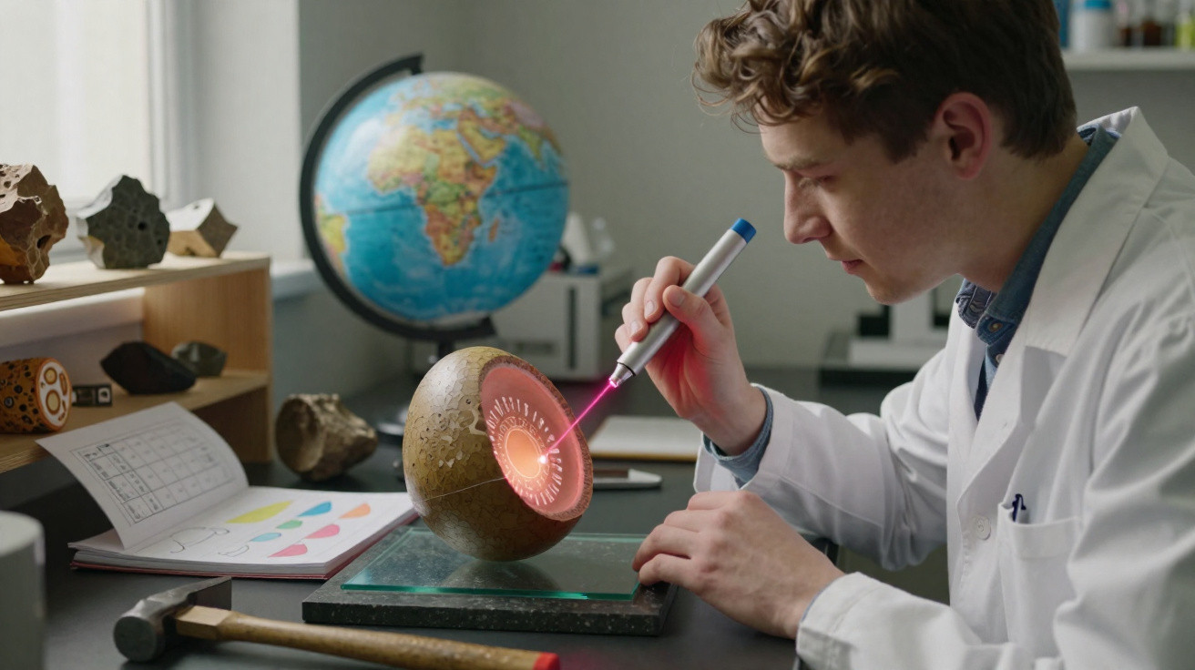 Cientista examina modelo de esfera terrestre com laser num laboratório, com globo terrestre e livros ao fundo.
