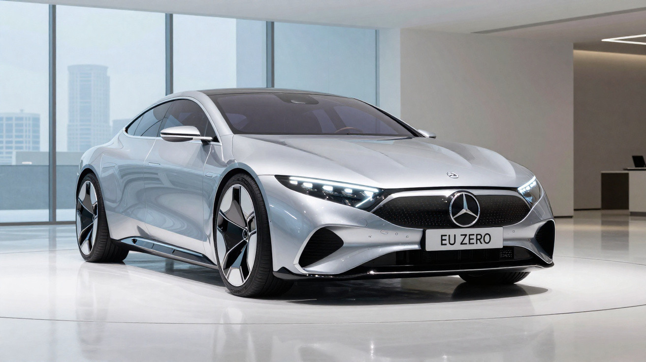 Carro elétrico Mercedes-Benz EQXX prateado exibido em salão moderno com iluminação natural.