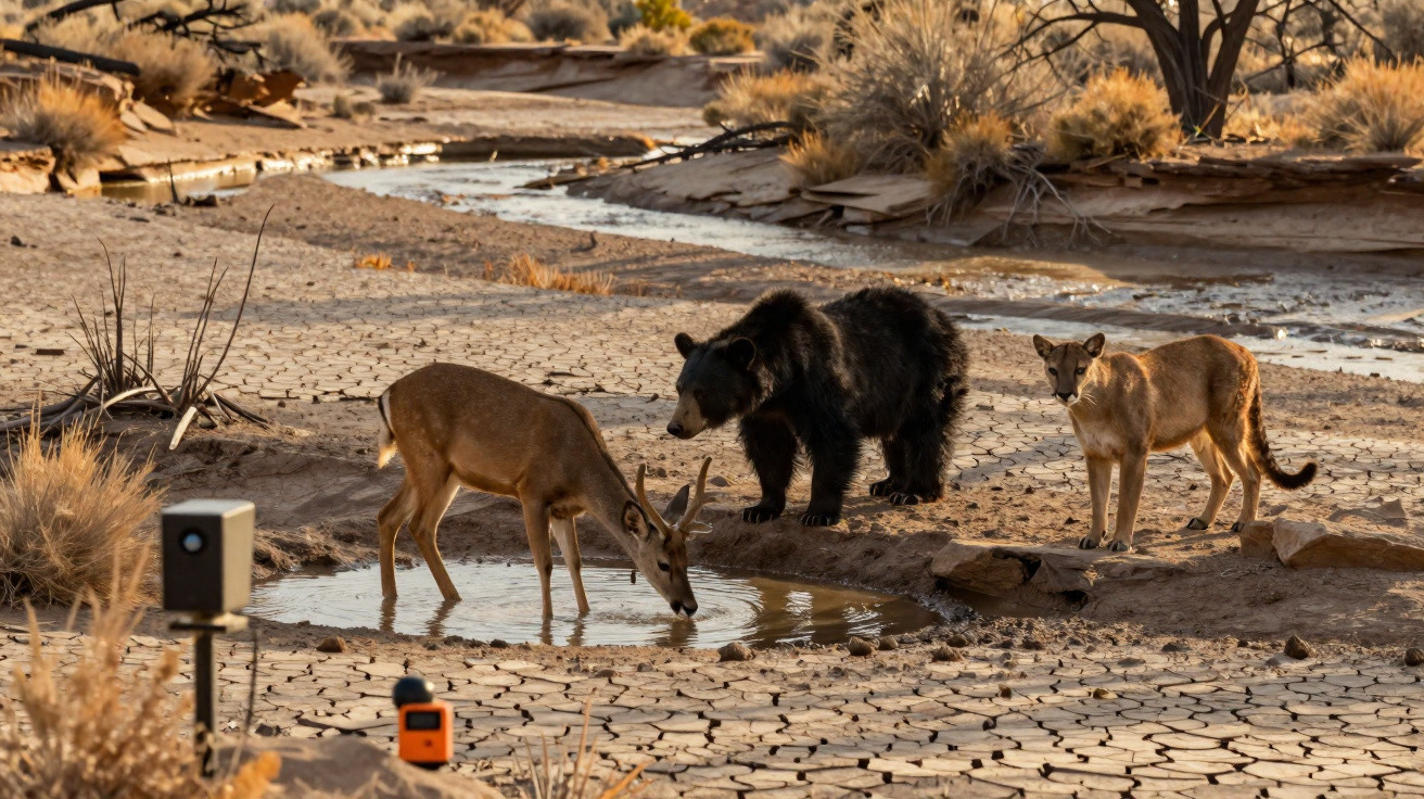 Veado a beber num ribeiro seco, com um urso e um coiote ao lado numa paisagem árida.