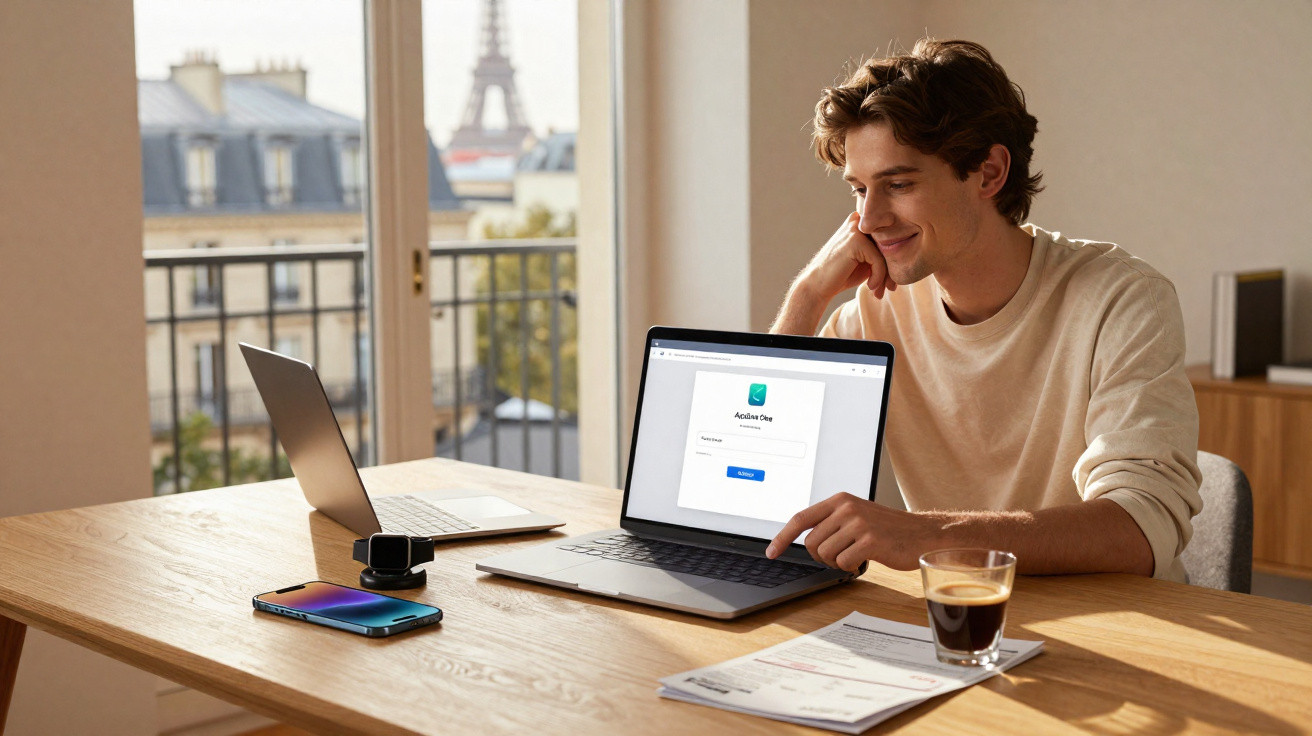 Homem jovem a usar portátil sentado numa mesa com vista para a Torre Eiffel, com café e documentos à frente.