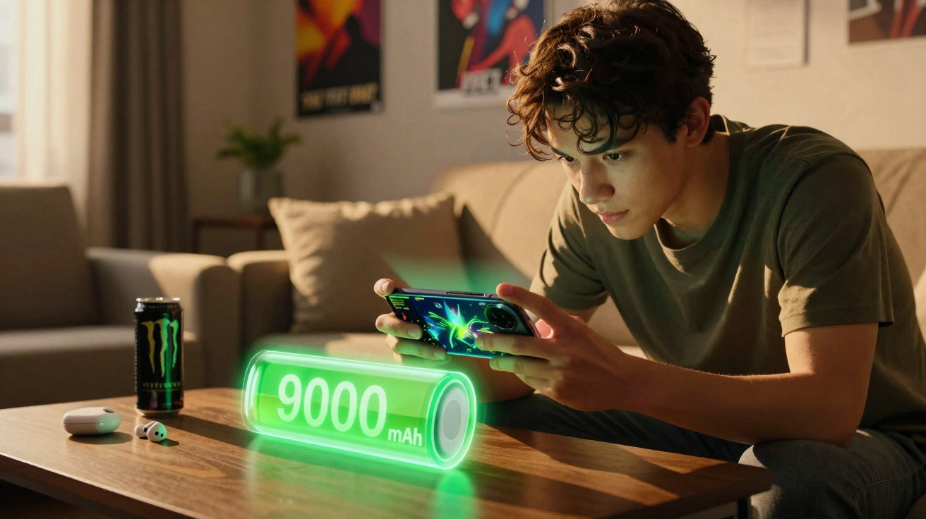 Jovem a jogar no telemóvel com ilustração digital de bateria de 9000 mAh numa sala moderna.