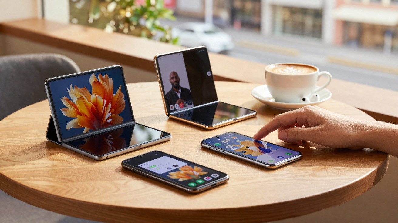 Mesa redonda com quatro smartphones, dois dobráveis em modo "L", e uma chávena de café com leite.