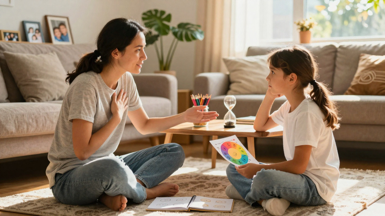 Mulher e criança sentadas no chão da sala, a aprender e a falar sobre cores com desenhos coloridos.