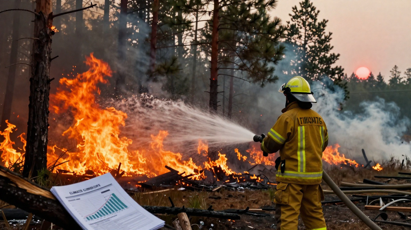 Bombeiro combate incêndio florestal ao pôr do sol, com relatório de emissões de carbono em primeiro plano.