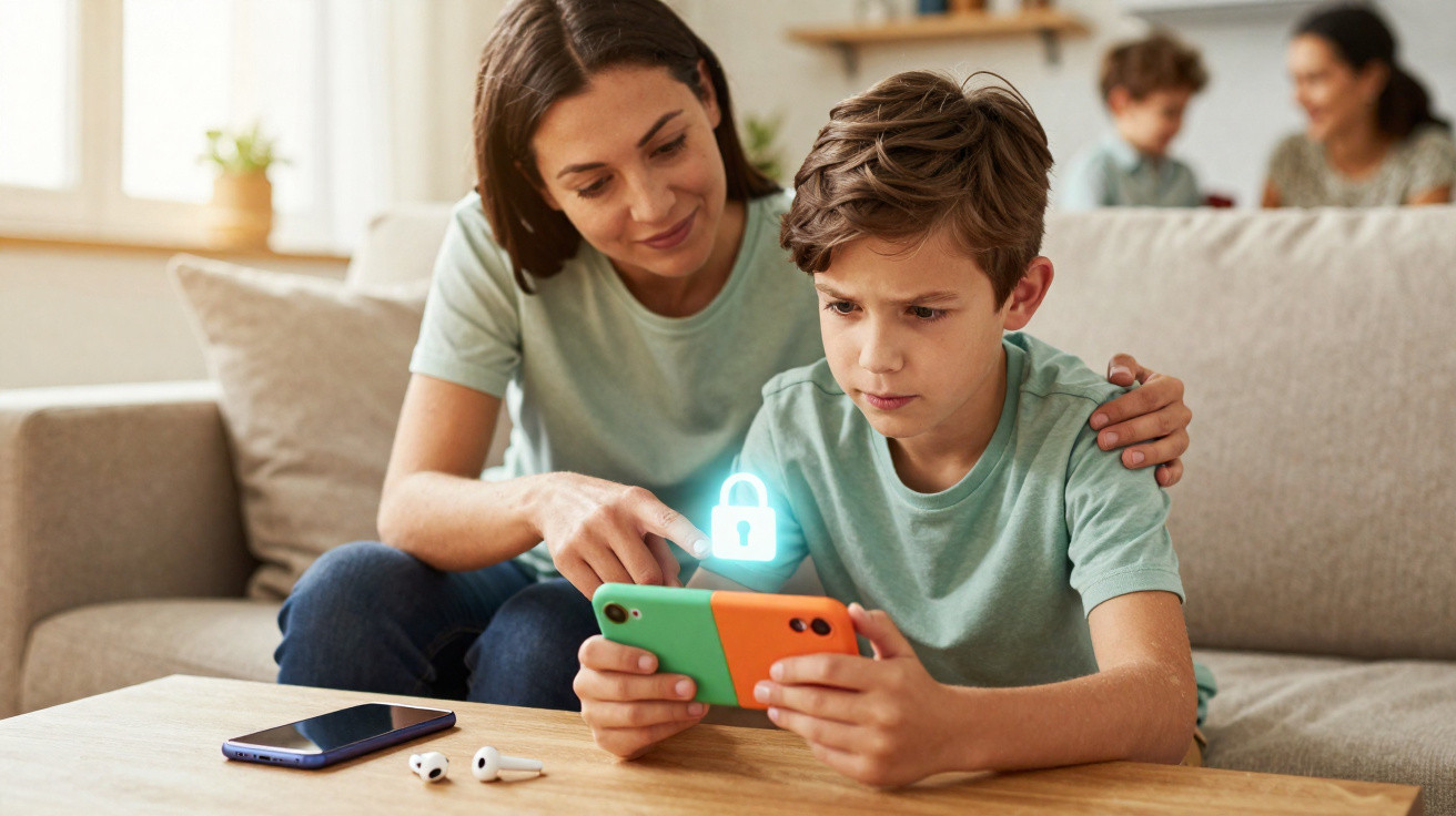 Mãe ensina filho a usar controlo parental no telemóvel enquanto estão sentados no sofá em casa.
