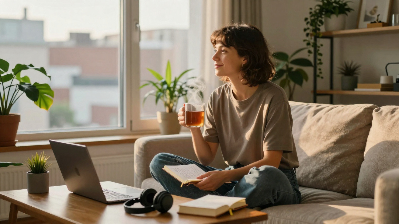 Mulher sentada no sofá a beber chá e ler um livro, ao lado de um computador portátil e plantas.