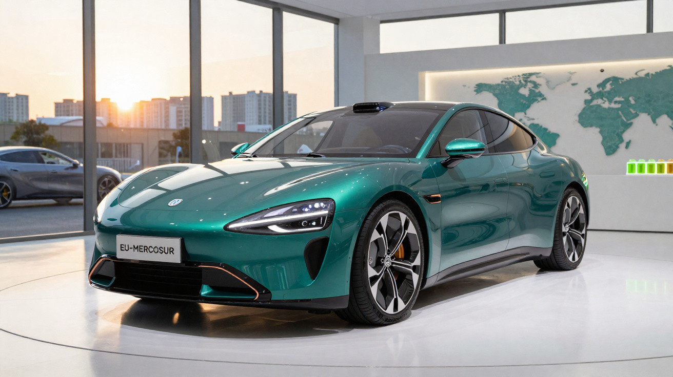 Carro desportivo elétrico verde em exposição moderna com mapa-múndi na parede e luz natural.
