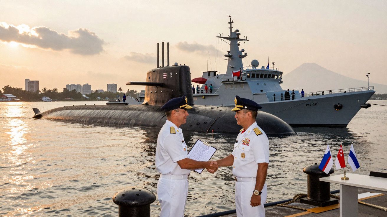 Dois oficiais navais em uniforme branco cumprimentam-se no cais com submarino e fragata ao fundo ao pôr do sol.