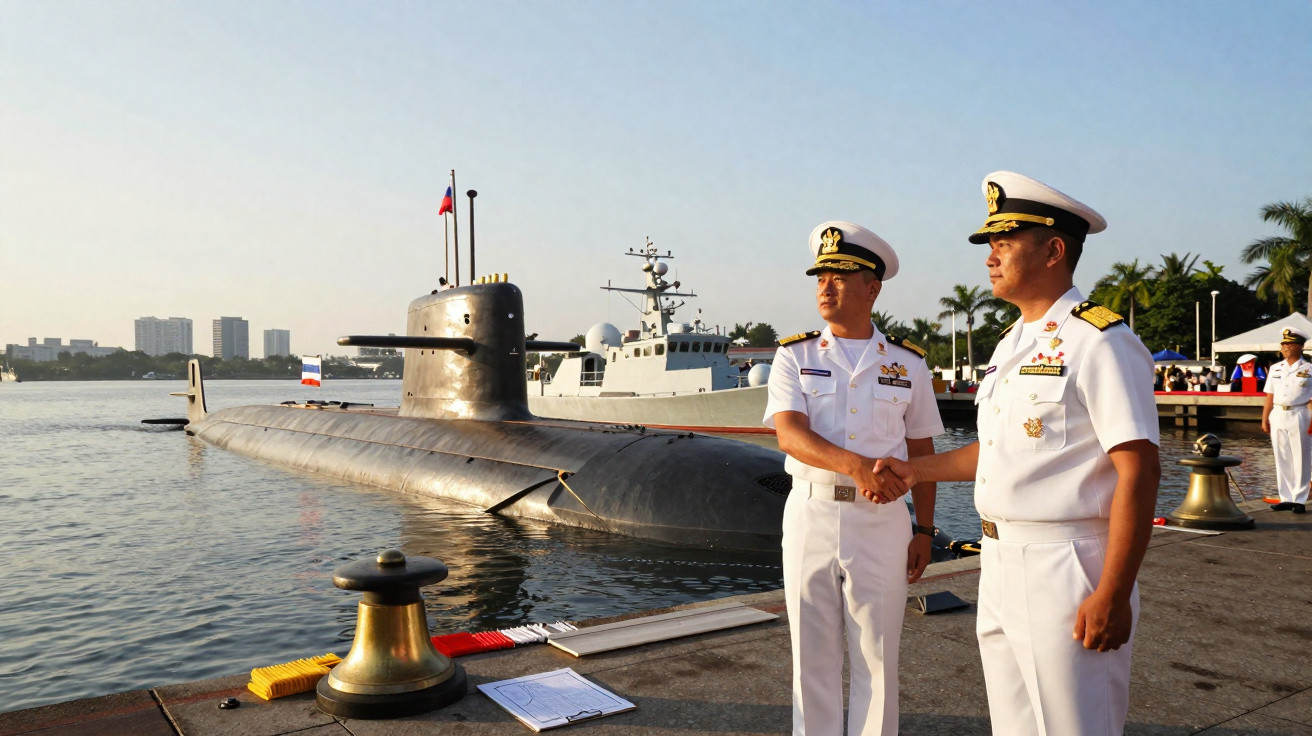 Dois oficiais navais apertam as mãos junto a um submarino atracado num porto ao entardecer.