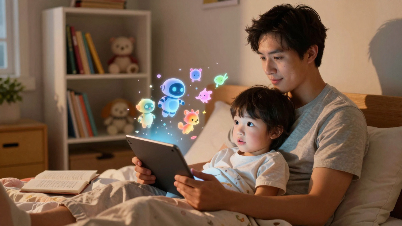 Pai e filho de pijama sentados na cama a interagir com personagens animadas em tablet.