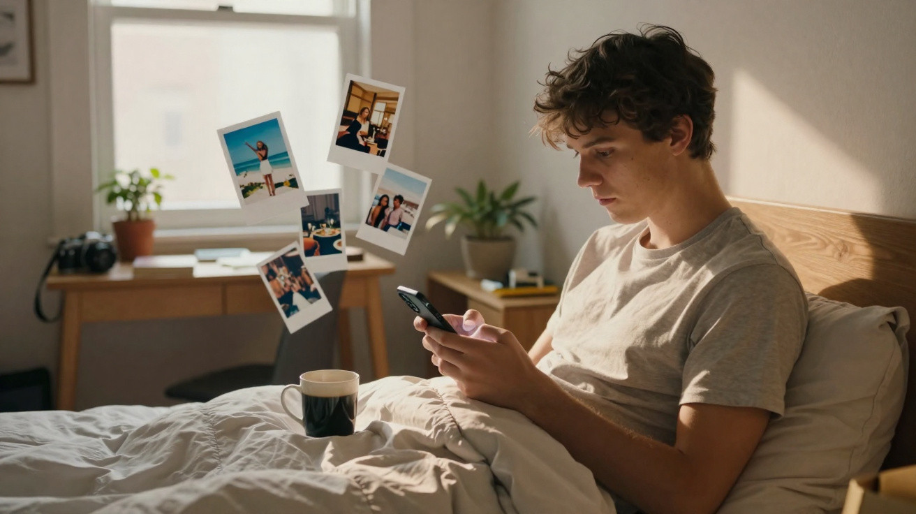 Jovem sentado na cama a usar telemóvel, com fotografias flutuantes e uma caneca em frente.