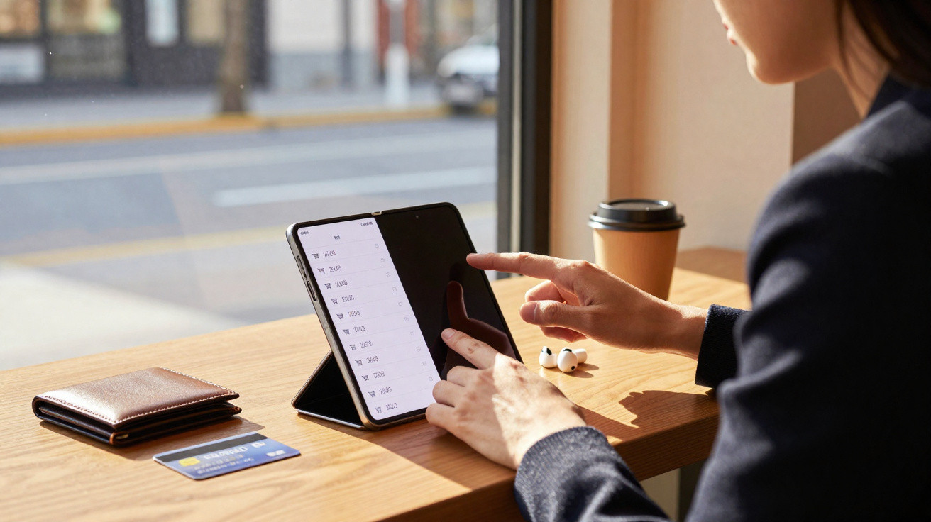 Pessoa a usar tablet dobrável numa mesa com carteira, cartão e copo de café num ambiente luminoso.