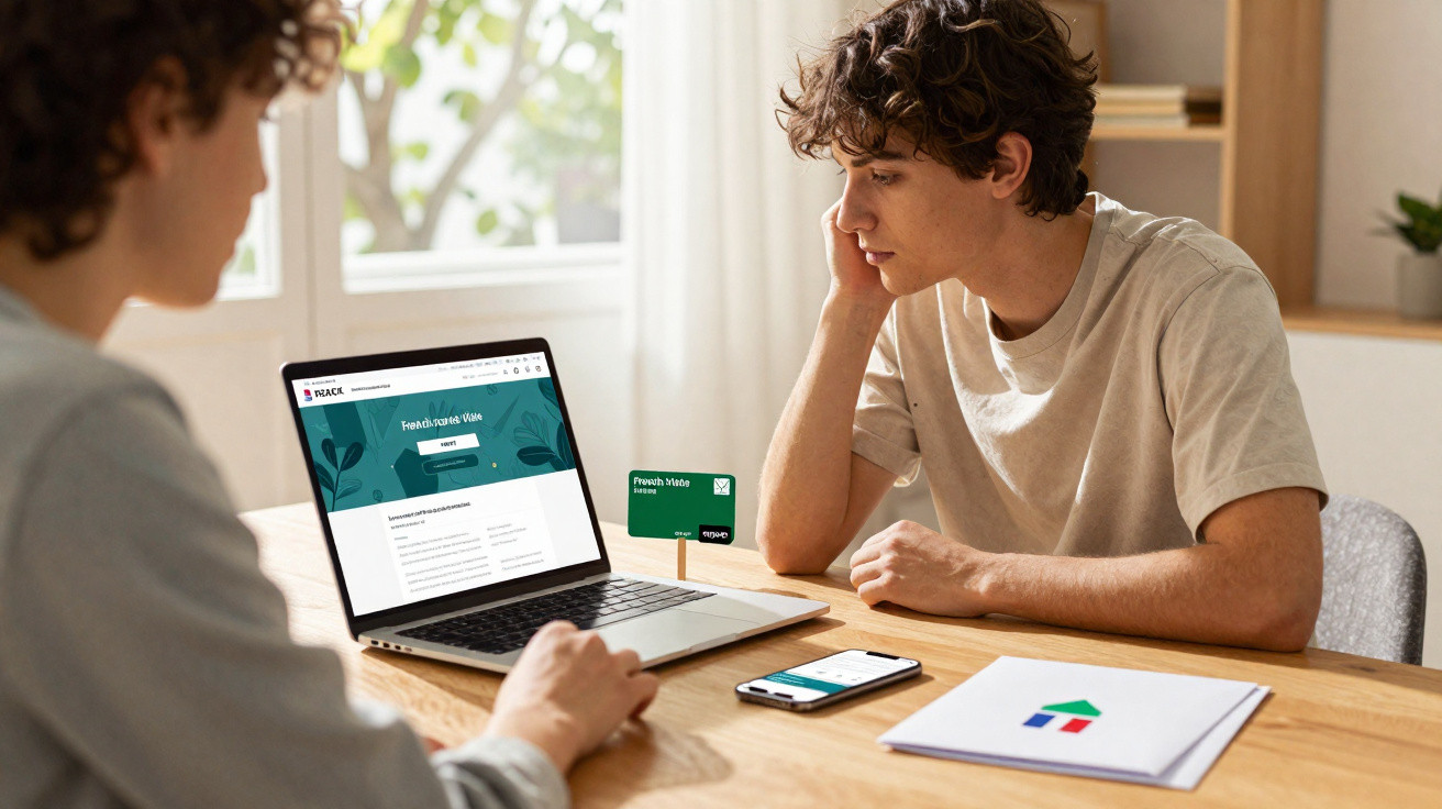 Duas pessoas sentadas numa mesa a analisar informações de um site de seguros num computador portátil.