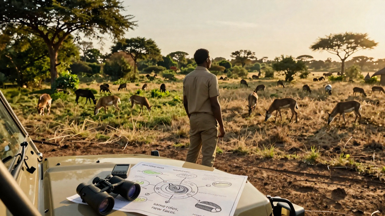 Homem de pé na savana africana observa grupo de antílopes ao pôr do sol, com binóculos e mapa num jipe.