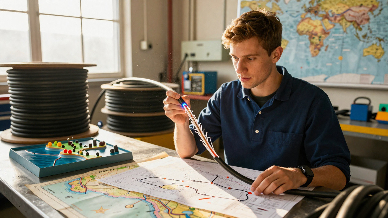 Homem a analisar esquemas e cabos elétricos numa mesa de trabalho com mapas e bobinas ao fundo.