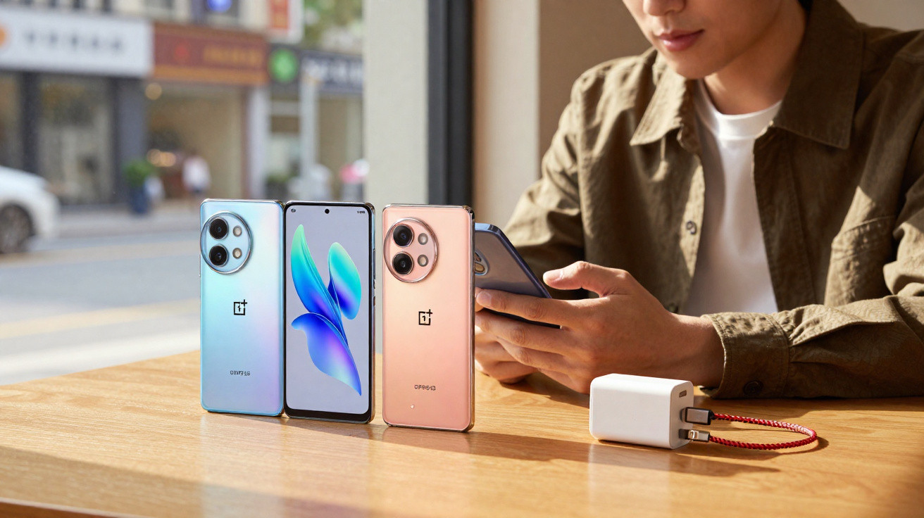 Pessoa sentada numa mesa, três smartphones OnePlus 11 em cores diferentes e um carregador à vista.