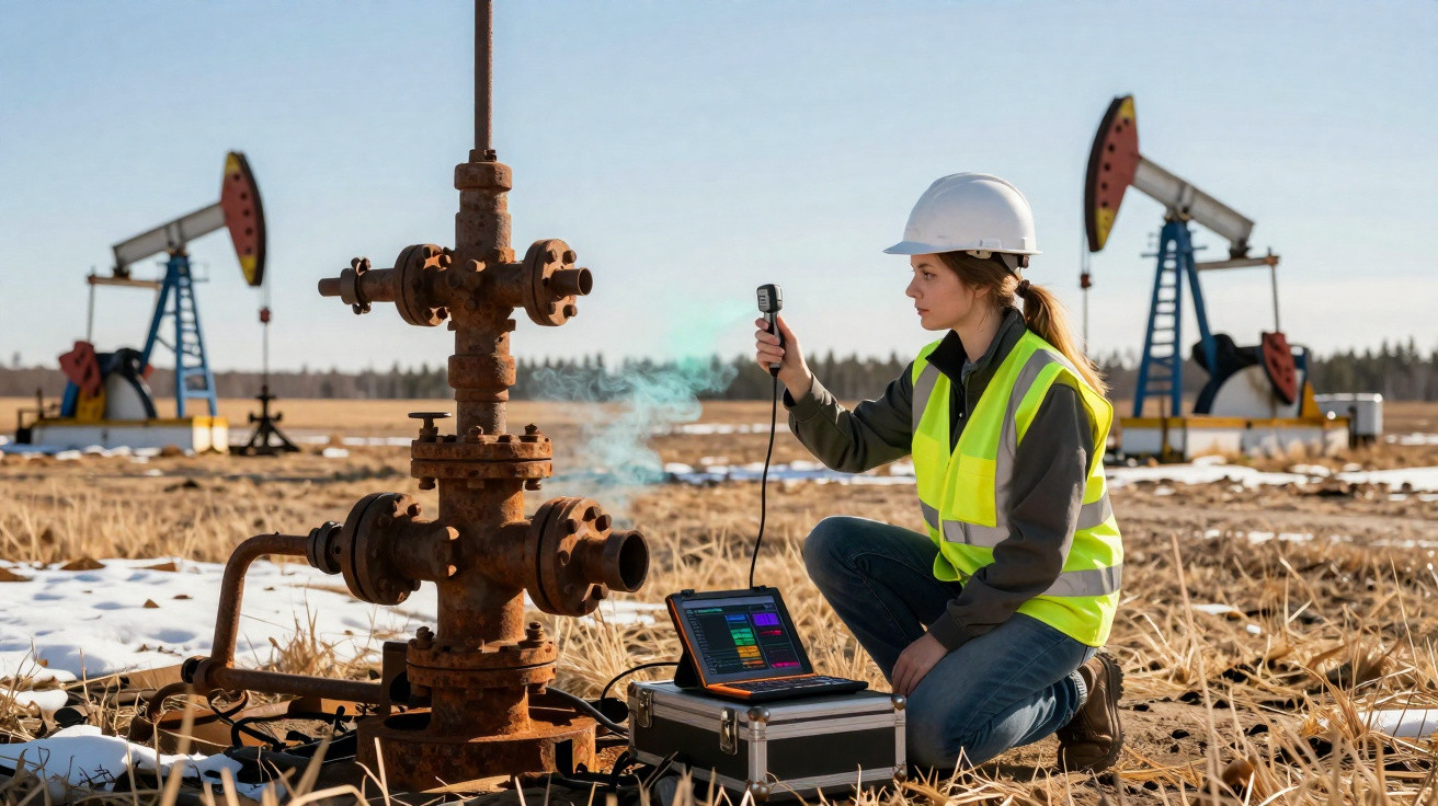 Mulher com capacete e colete refletor inspeciona equipamento de extração de petróleo num campo aberto.