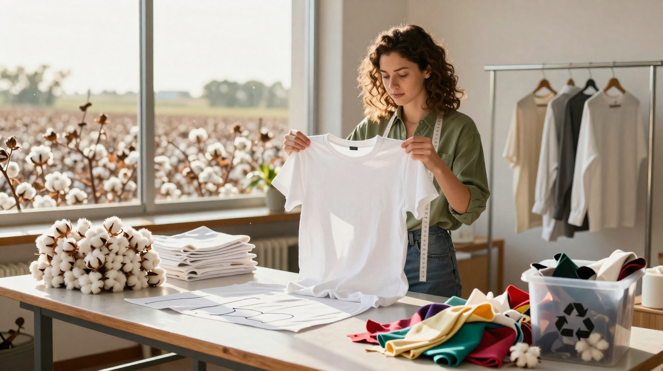Mulher jovem segurando uma t-shirt branca em atelier com tecidos e campo de algodão ao fundo.