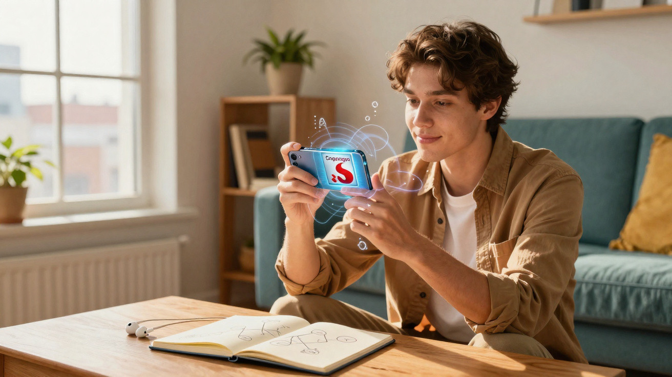 Jovem sentado no sofá a usar um smartphone com gráficos digitais e caderno aberto na mesa à frente.