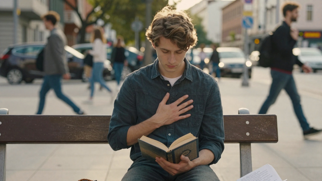Jovem sentado num banco na rua a ler um livro segurando a mão no peito, com pessoas a caminhar ao fundo.