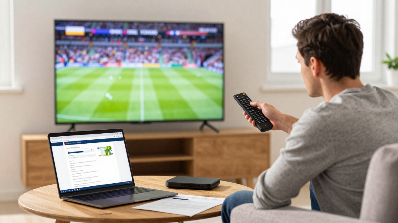 Homem sentado a ver jogo de futebol na televisão com portátil e documentos na mesa à frente.